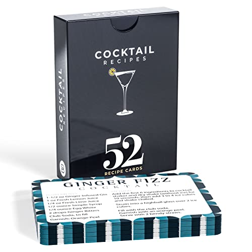 52 cocktail and mixed drink recipe flash cards featuring easy step-by-step instructions, mixology tricks, and ingredient lists for home bartenders.