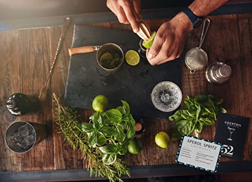 52 cocktail and mixed drink recipe flash cards featuring easy step-by-step instructions, mixology tricks, and ingredient lists for home bartenders.