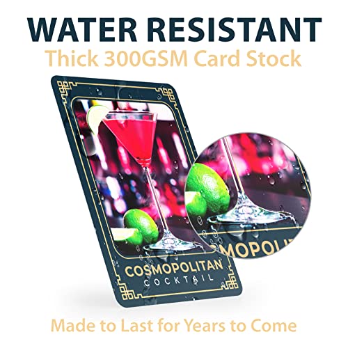 52 cocktail and mixed drink recipe flash cards featuring easy step-by-step instructions, mixology tricks, and ingredient lists for home bartenders.