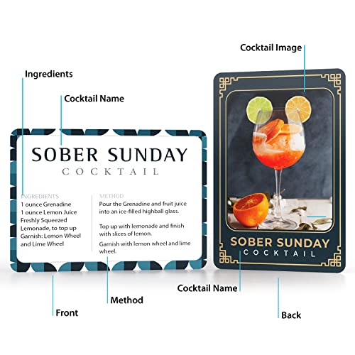 52 cocktail and mixed drink recipe flash cards featuring easy step-by-step instructions, mixology tricks, and ingredient lists for home bartenders.