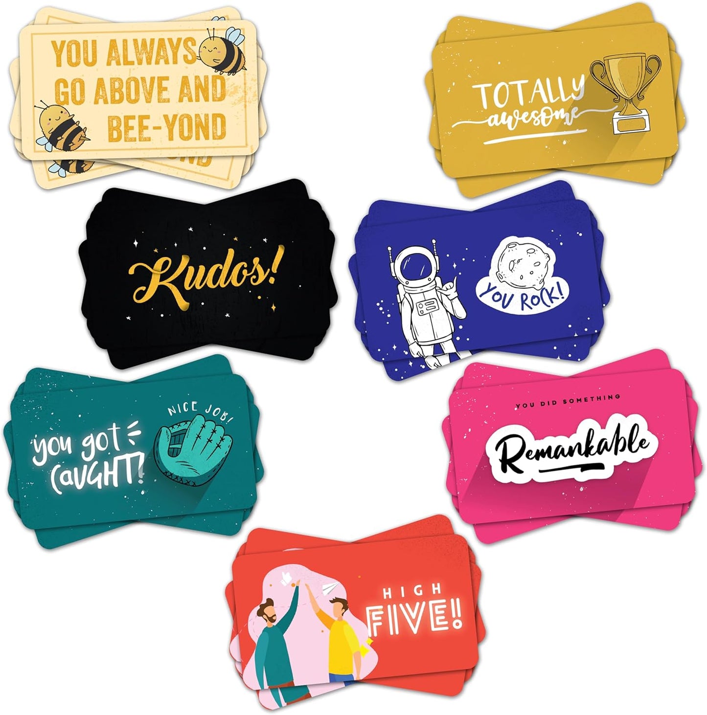 A set of 70 colorful Kudos Cards designed for appreciation and recognition, perfect for school lunchbox notes, employee motivation, teacher rewards, and inspirational gifting. Blank back for personalized messages.
