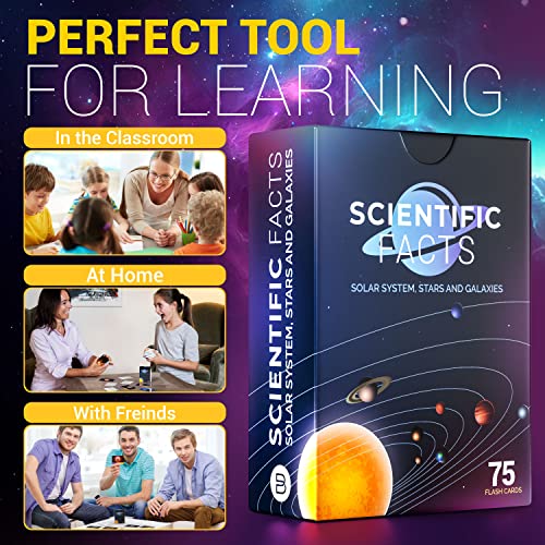 Set of 75 Space Flash Cards featuring vivid images of celestial objects, including planets, stars, and galaxies, designed for STEM learning and space exploration education.