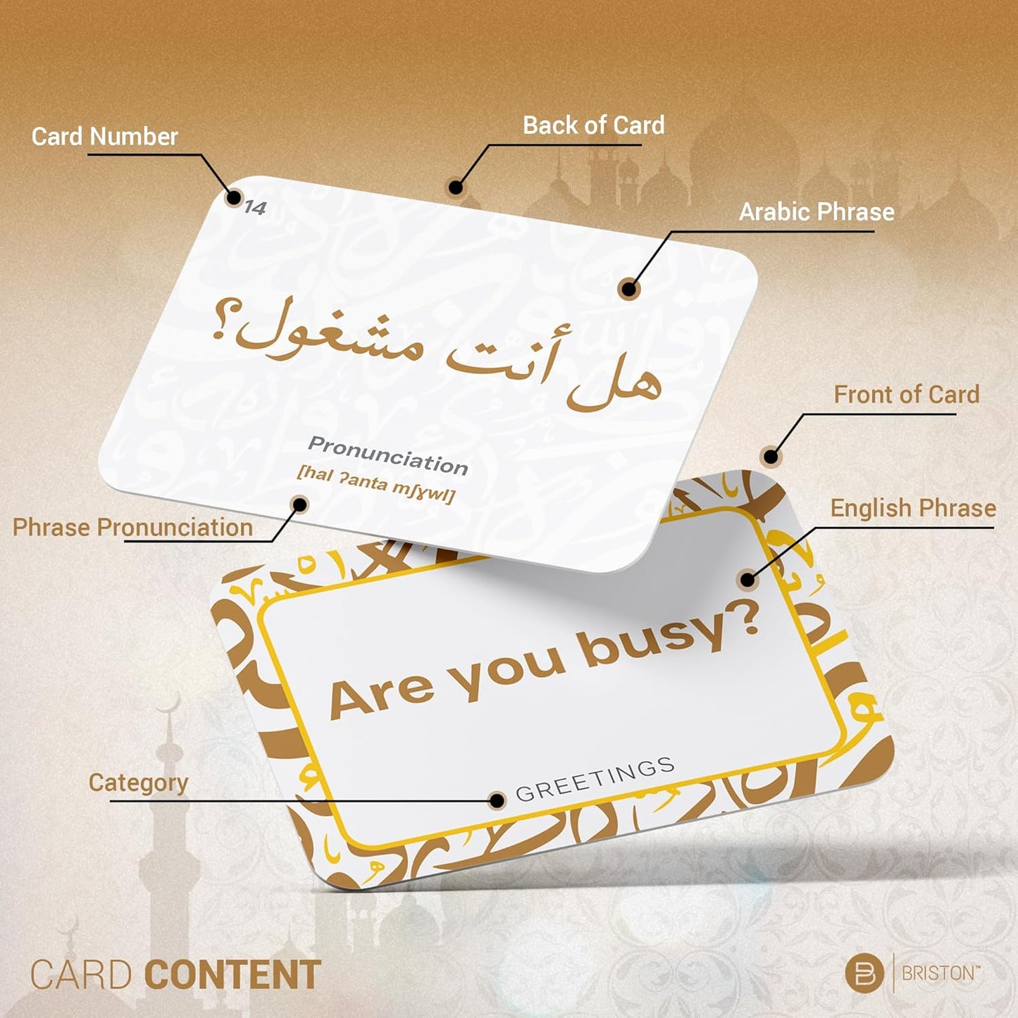 Arabic Conversational Phrase Flash Cards with essential phrases for everyday communication, designed for learners of all levels to enhance speaking and comprehension skills.