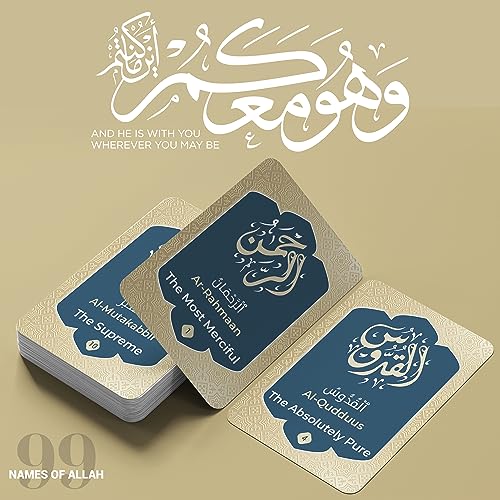 Set of 99 Names of Allah Flashcards featuring Arabic and English text, profound meanings, and Quranic verses on durable, glossy, black-and-gold designed cards. Ideal for learning, prayer, and gifting during sacred occasions like Ramadan and Eid.