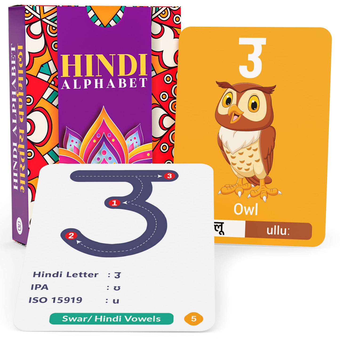 Image of Briston Hindi Alphabet Flash Cards, a colorful set designed to teach and reinforce the Hindi script. Each card features a single Hindi letter with its pronunciation and corresponding illustration, making it an engaging learning tool for beginners and language enthusiasts.