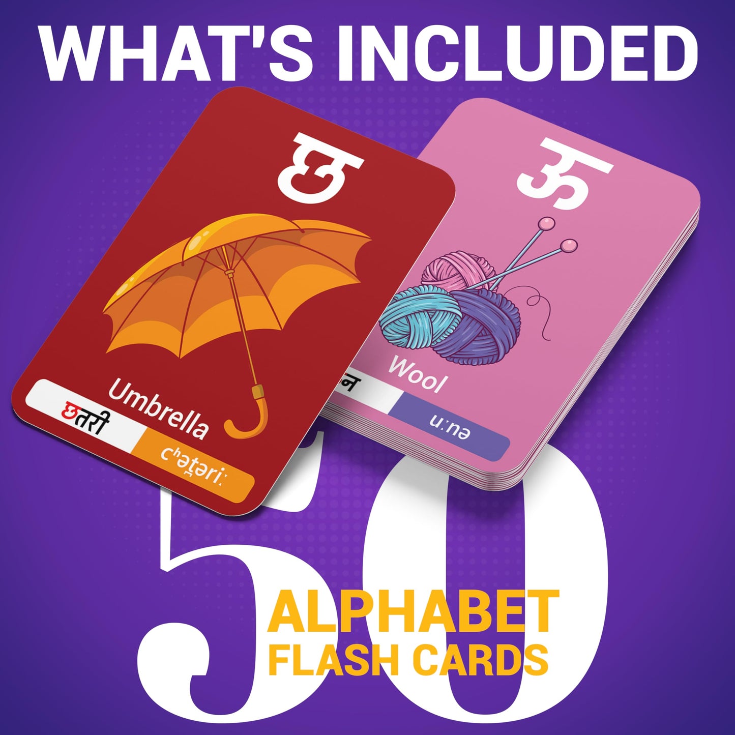 Image of Briston Hindi Alphabet Flash Cards, a colorful set designed to teach and reinforce the Hindi script. Each card features a single Hindi letter with its pronunciation and corresponding illustration, making it an engaging learning tool for beginners and language enthusiasts.