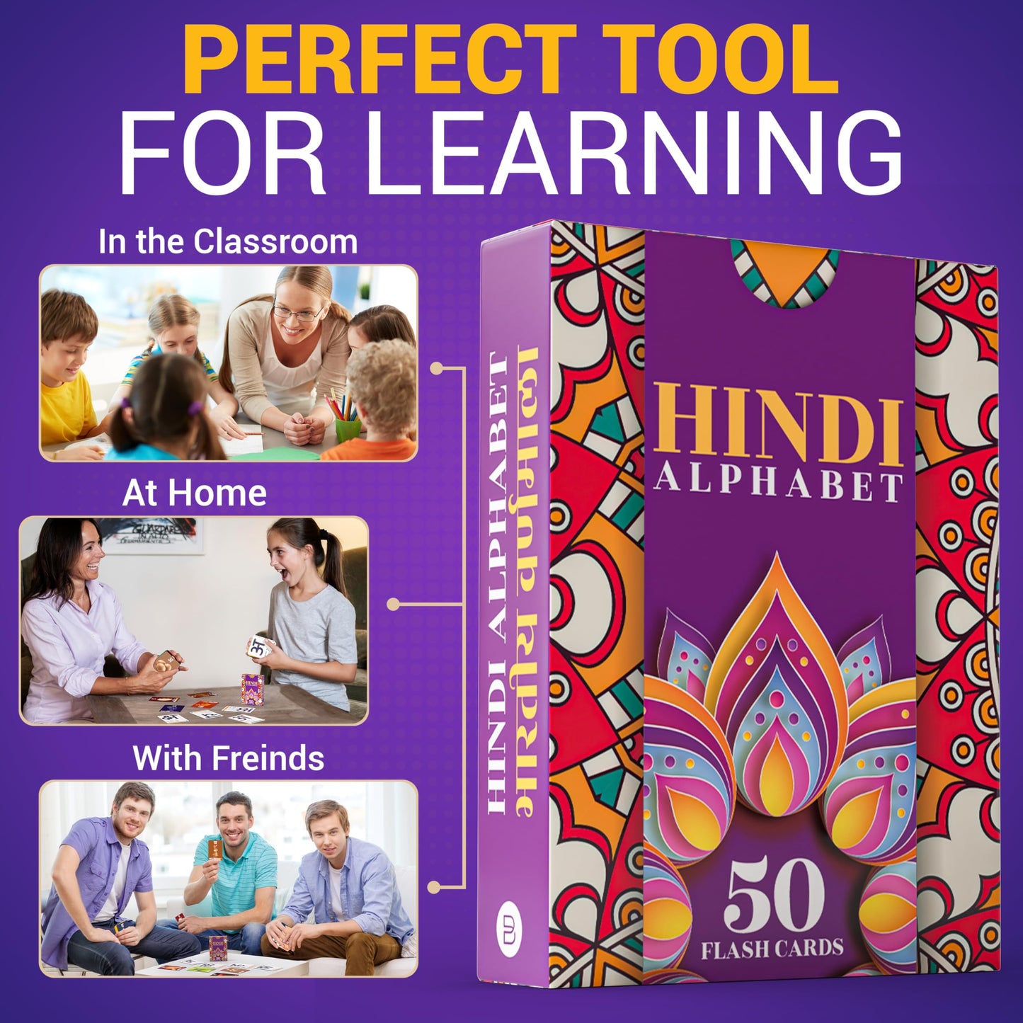 Image of Briston Hindi Alphabet Flash Cards, a colorful set designed to teach and reinforce the Hindi script. Each card features a single Hindi letter with its pronunciation and corresponding illustration, making it an engaging learning tool for beginners and language enthusiasts.