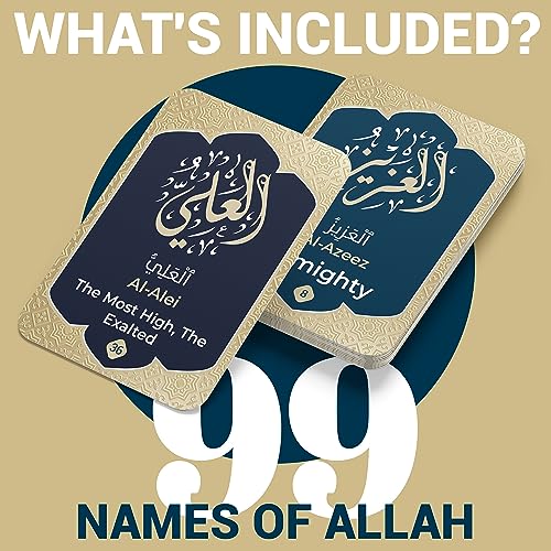 Set of 99 Names of Allah Flashcards featuring Arabic and English text, profound meanings, and Quranic verses on durable, glossy, black-and-gold designed cards. Ideal for learning, prayer, and gifting during sacred occasions like Ramadan and Eid.