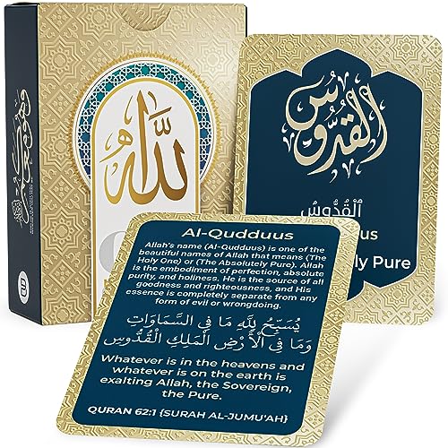 Set of 99 Names of Allah Flashcards featuring Arabic and English text, profound meanings, and Quranic verses on durable, glossy, black-and-gold designed cards. Ideal for learning, prayer, and gifting during sacred occasions like Ramadan and Eid.
