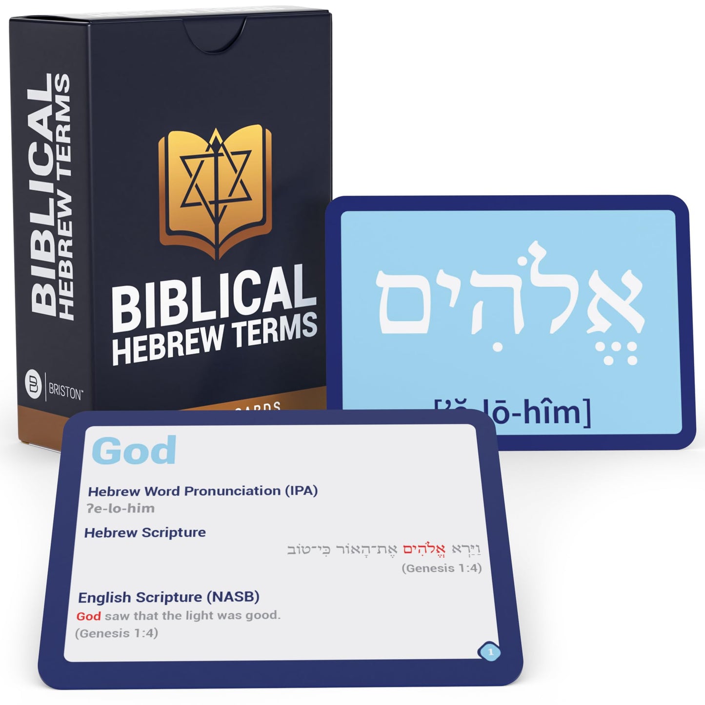 Hebrew Biblical Terms Flash Cards featuring 75 cards with Hebrew terms, English translations, pronunciations, and contextual insights for Bible study and religious education.
