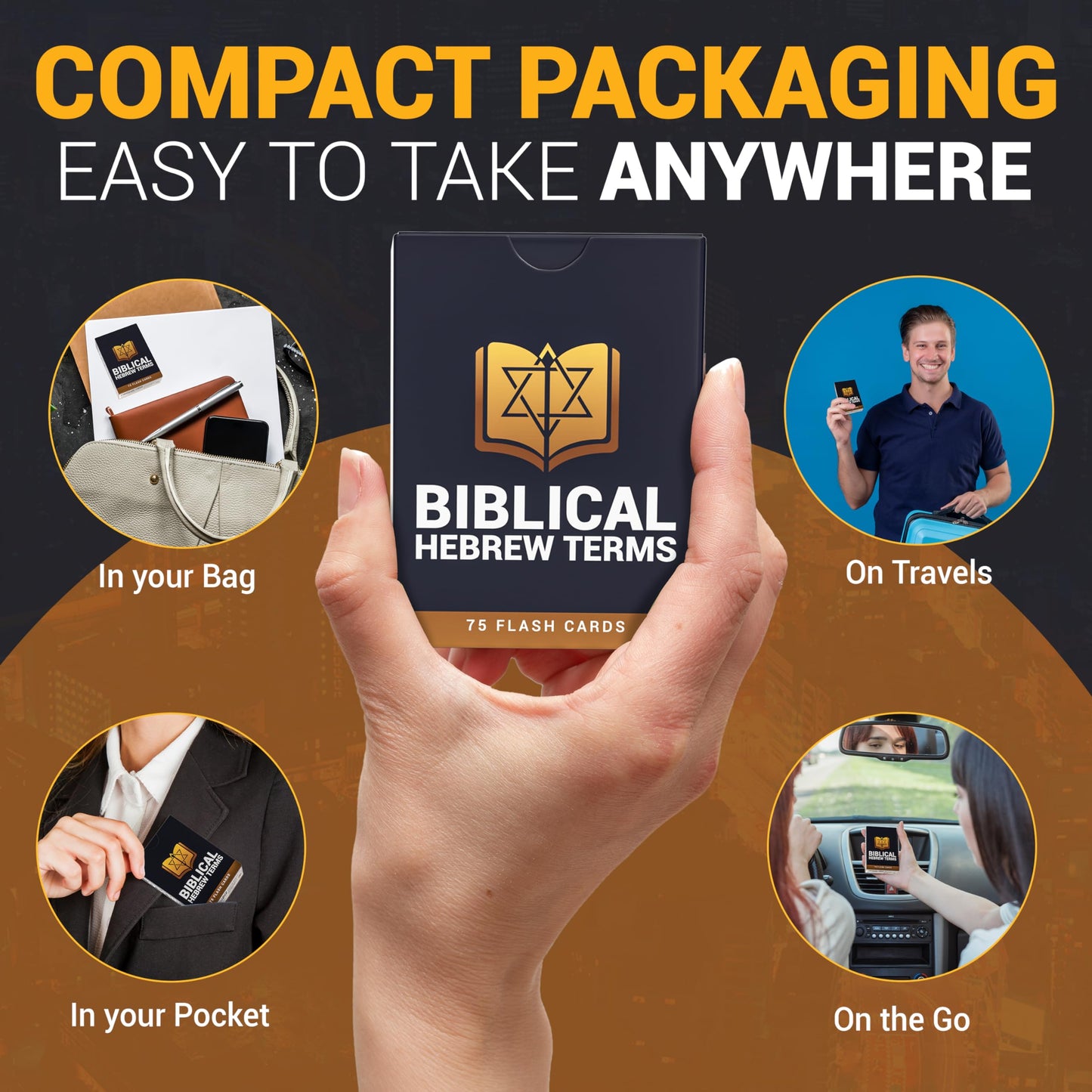 Hebrew Biblical Terms Flash Cards featuring 75 cards with Hebrew terms, English translations, pronunciations, and contextual insights for Bible study and religious education.