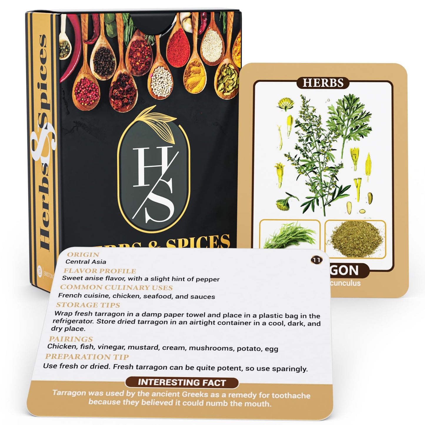 Herbs & Spices Flash Cards featuring 75 cards with global herbs and spices, including origins, uses, and pairings, designed to enhance culinary skills and inspire creativity in the kitchen.