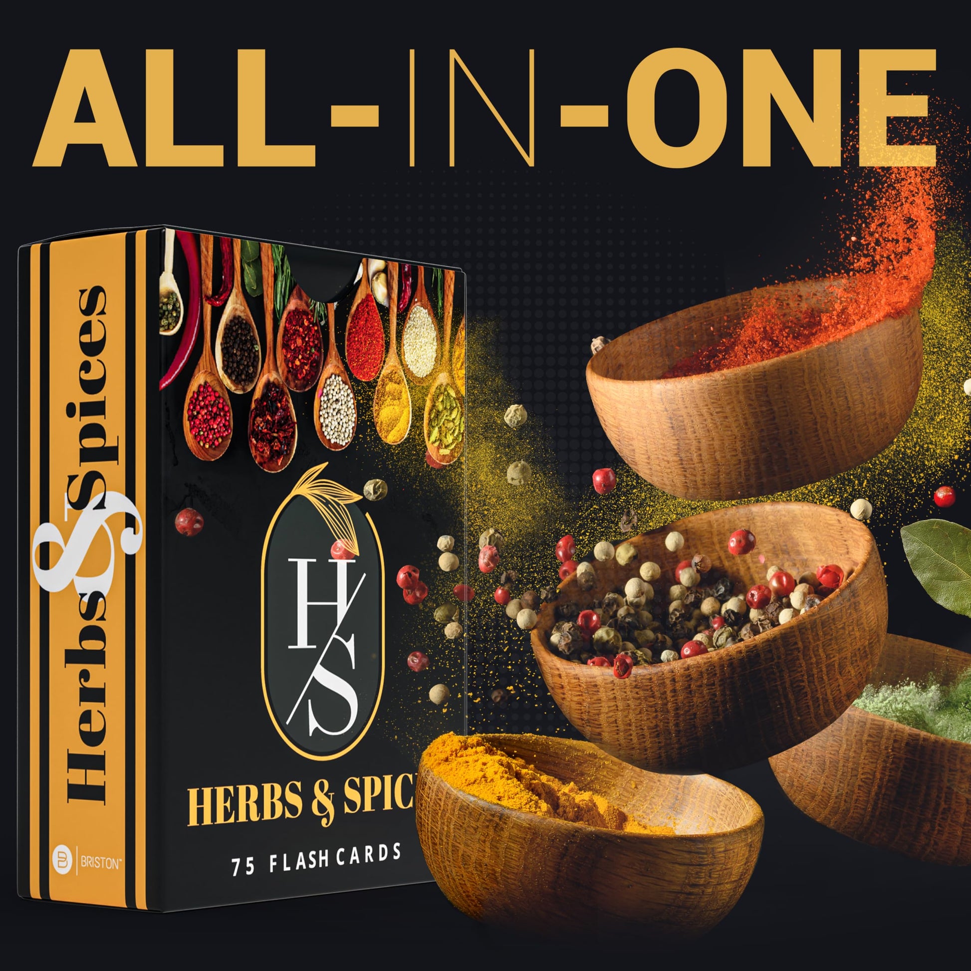 Herbs & Spices Flash Cards featuring 75 cards with global herbs and spices, including origins, uses, and pairings, designed to enhance culinary skills and inspire creativity in the kitchen.