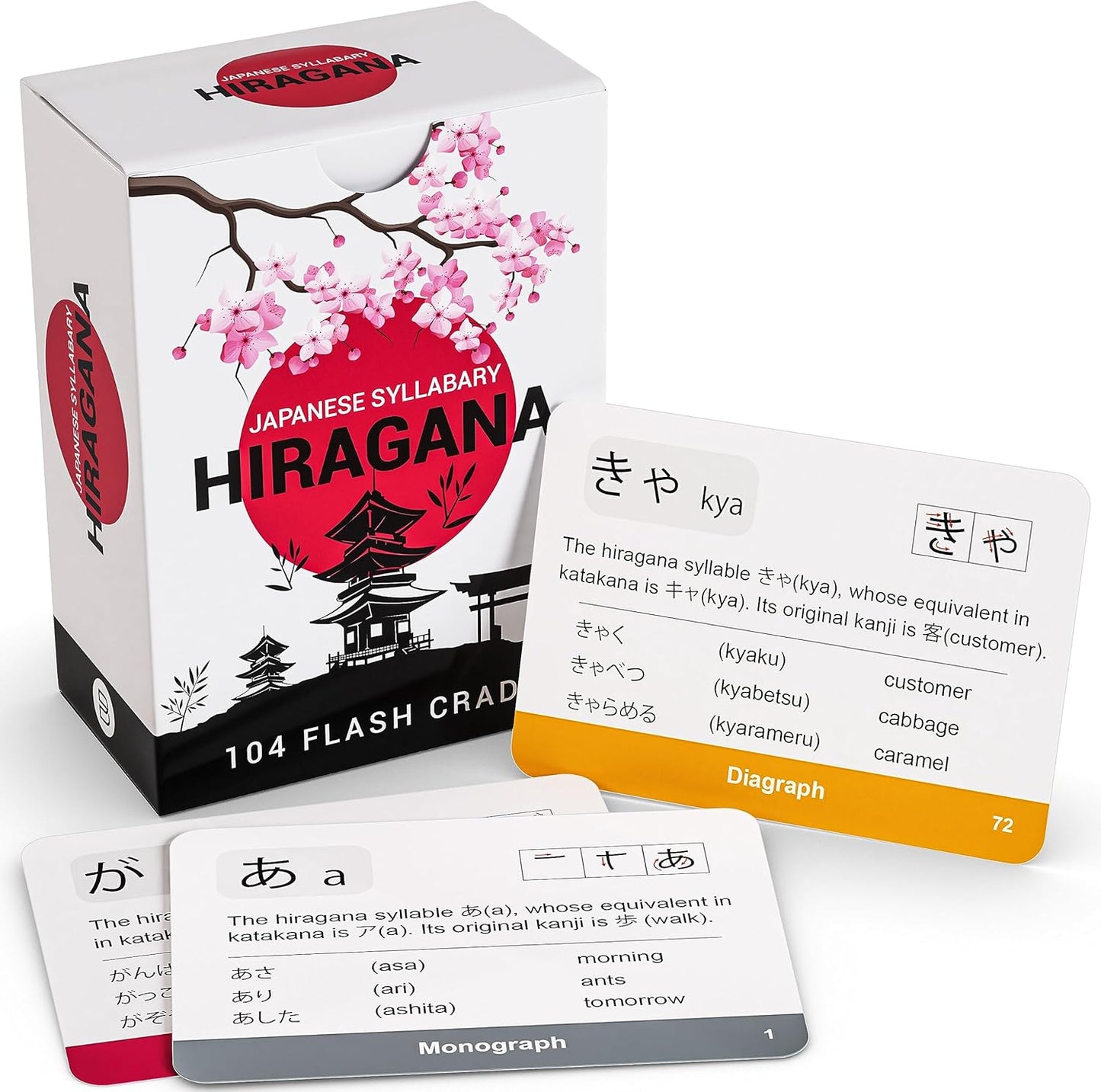Image showing a set of Japanese syllabary Hiragana flashcards neatly arranged. Each card displays a single Hiragana character with its corresponding Romanized pronunciation below. The cards have a minimalistic design with clear, bold characters, perfect for language learners.