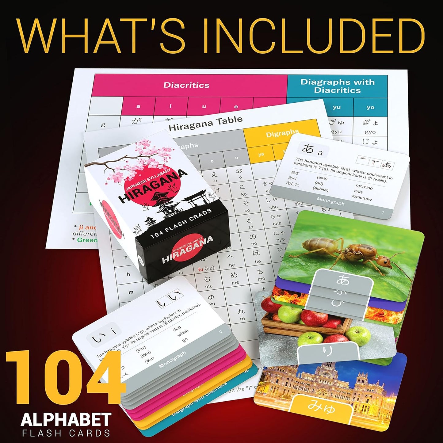 Image showing a set of Japanese syllabary Hiragana flashcards neatly arranged. Each card displays a single Hiragana character with its corresponding Romanized pronunciation below. The cards have a minimalistic design with clear, bold characters, perfect for language learners.