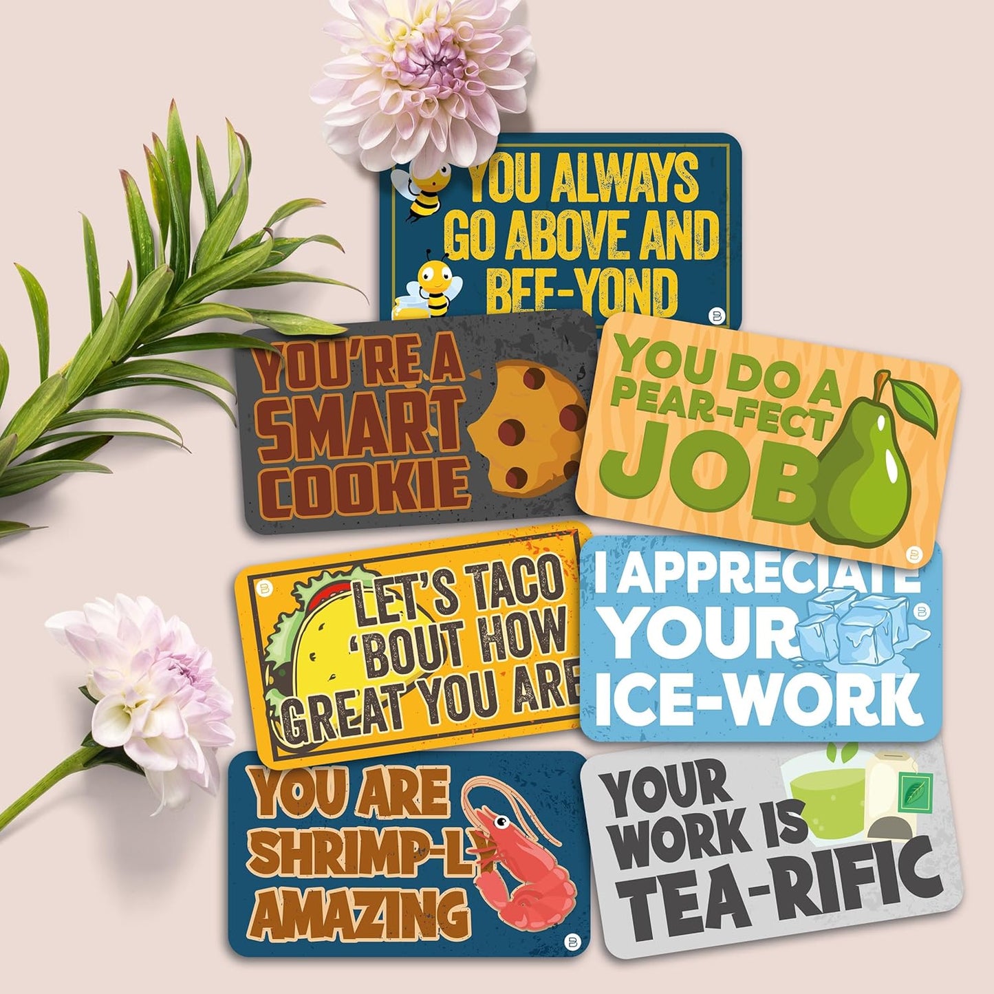 A set of colorful Kudos Punny Cards featuring fun and lighthearted puns, perfect for appreciation, recognition, and motivation for employees, students, and loved ones. Blank back for personalized messages.