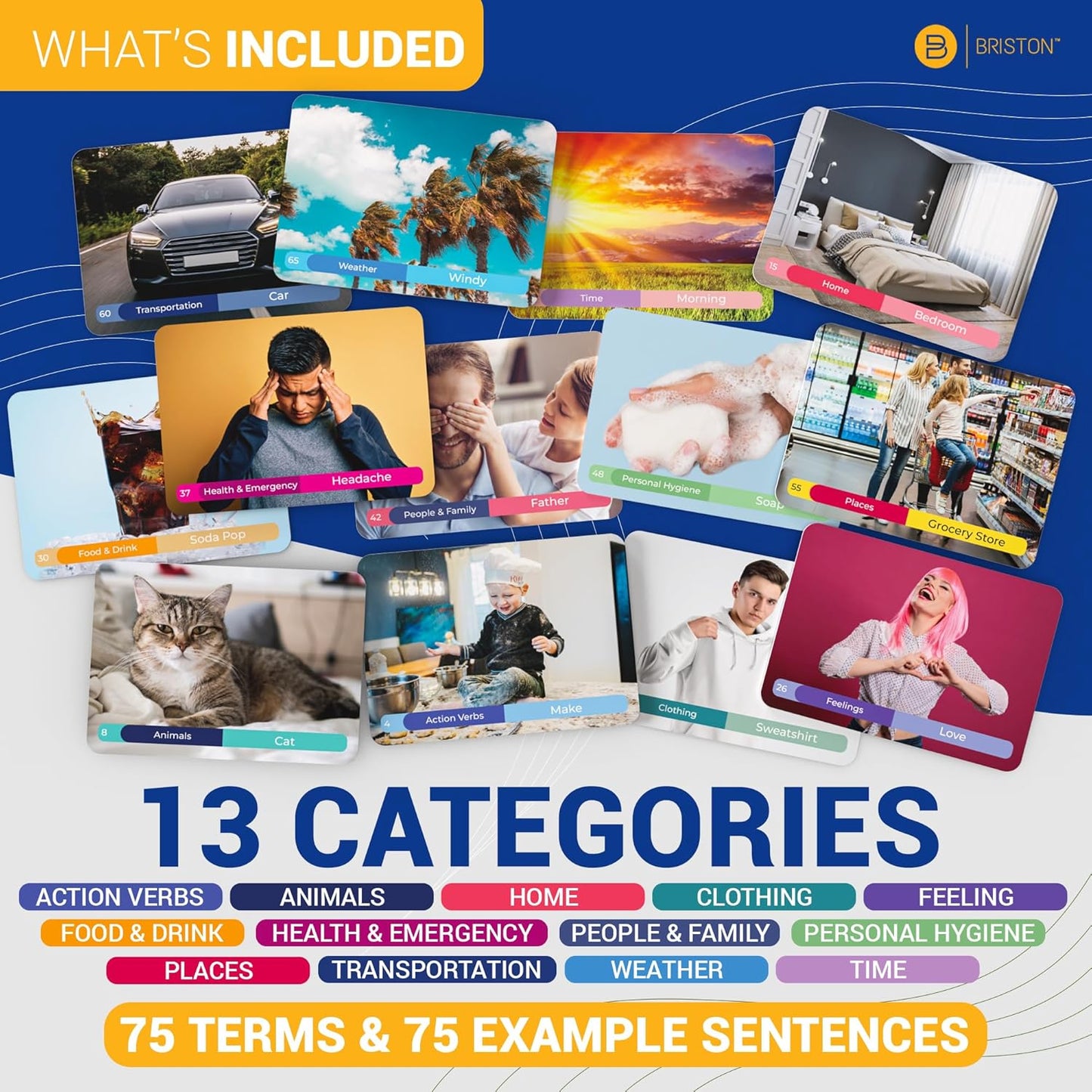 Portuguese Vocabulary Flash Cards featuring 75 beginner words with colorful illustrations and Brazilian Portuguese phonetics.