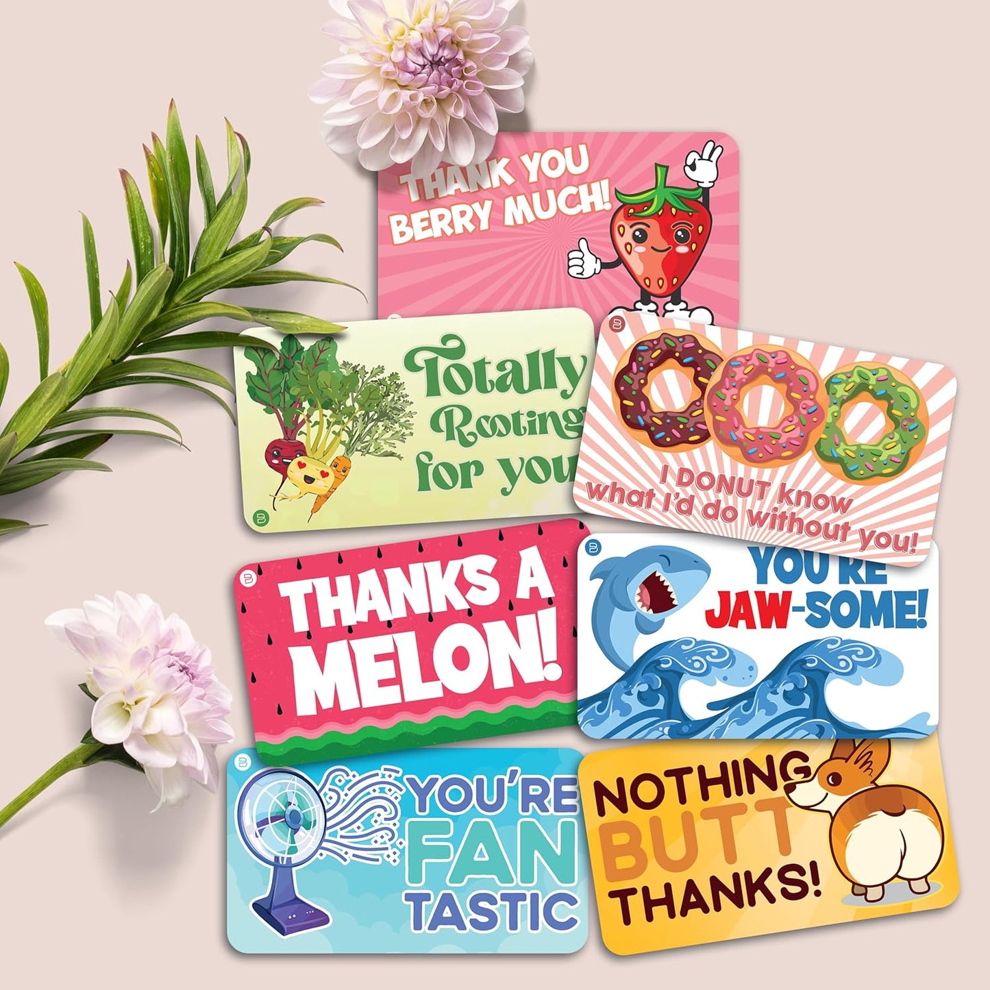 A set of vibrant Punny Kudos Cards featuring playful puns and cheerful designs, ideal for appreciation, recognition, and motivation for employees, students, and loved ones. Blank back for personalized messages.