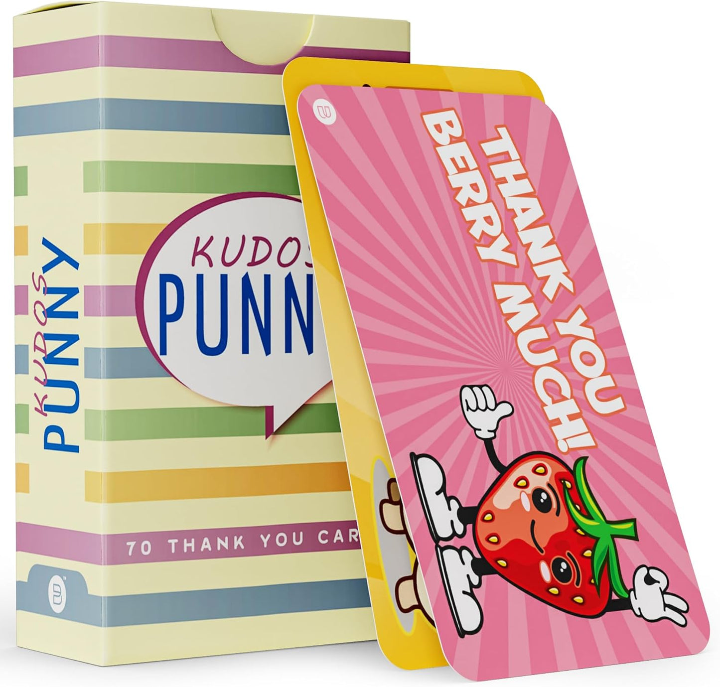 A set of vibrant Punny Kudos Cards featuring playful puns and cheerful designs, ideal for appreciation, recognition, and motivation for employees, students, and loved ones. Blank back for personalized messages.