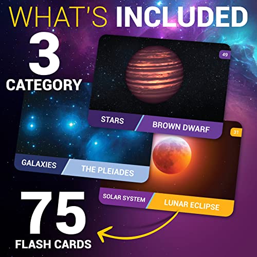 Set of 75 Space Flash Cards featuring vivid images of celestial objects, including planets, stars, and galaxies, designed for STEM learning and space exploration education.