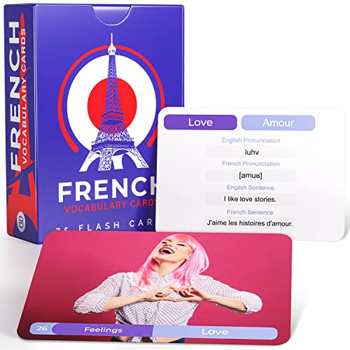 French Vocabulary Flash Cards - 75 Beginner Vocab with Pictures - Memory & Sight Words - Travel & Quick Reference - Educational Language Learning Game Play - Kids, Grade School, Classroom, Homeschool