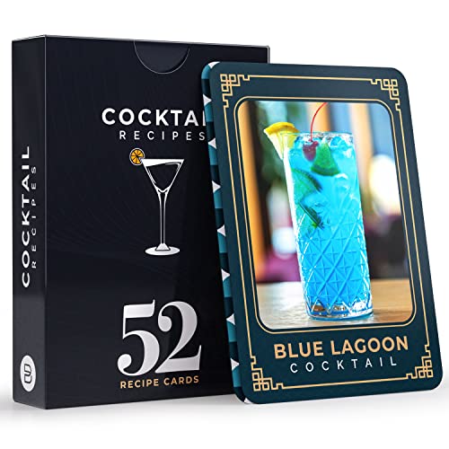 52 cocktail and mixed drink recipe flash cards featuring easy step-by-step instructions, mixology tricks, and ingredient lists for home bartenders.