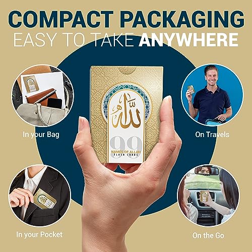 Set of 99 Names of Allah Flashcards featuring Arabic and English text, profound meanings, and Quranic verses on durable, glossy, black-and-gold designed cards. Ideal for learning, prayer, and gifting during sacred occasions like Ramadan and Eid.