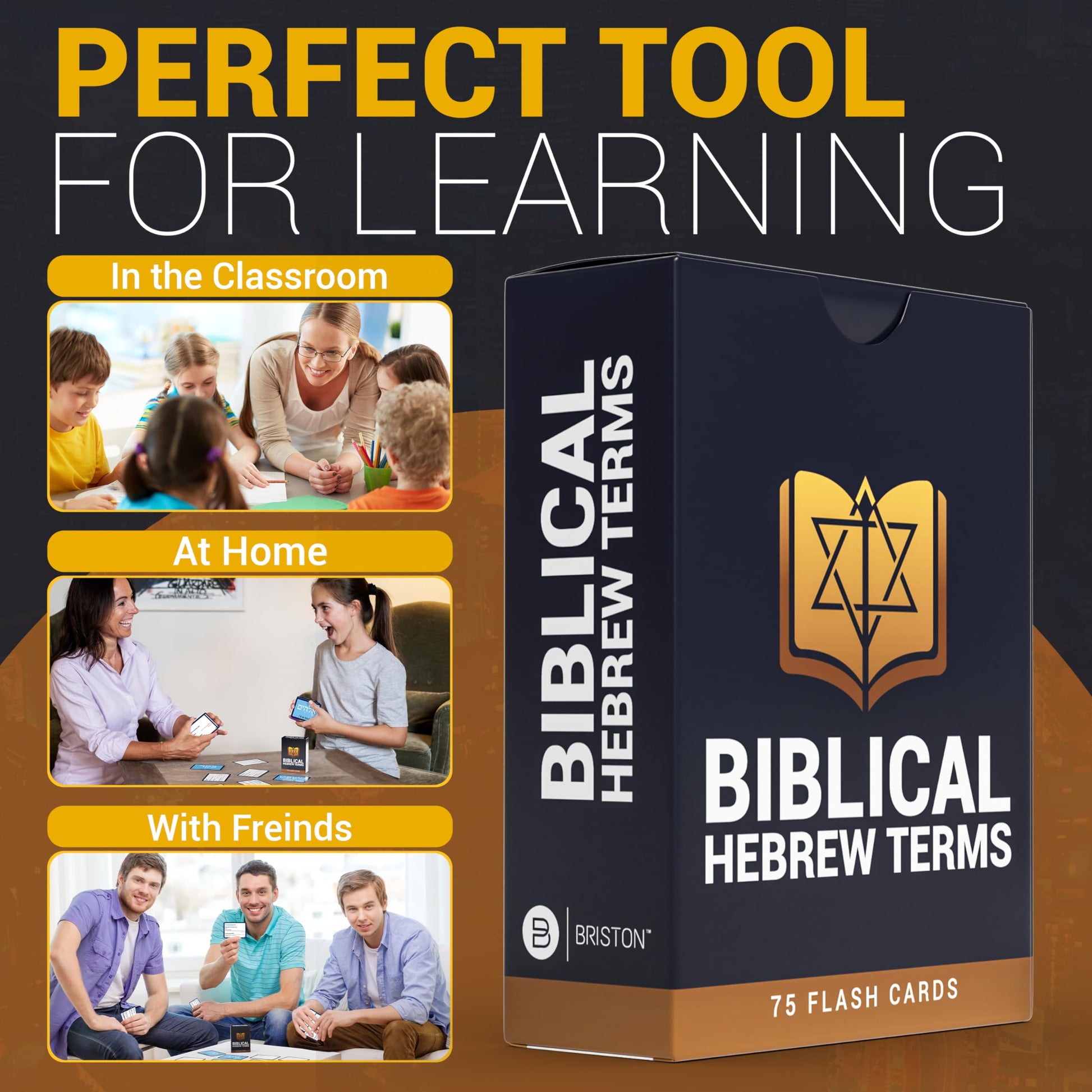 Hebrew Biblical Terms Flash Cards featuring 75 cards with Hebrew terms, English translations, pronunciations, and contextual insights for Bible study and religious education.