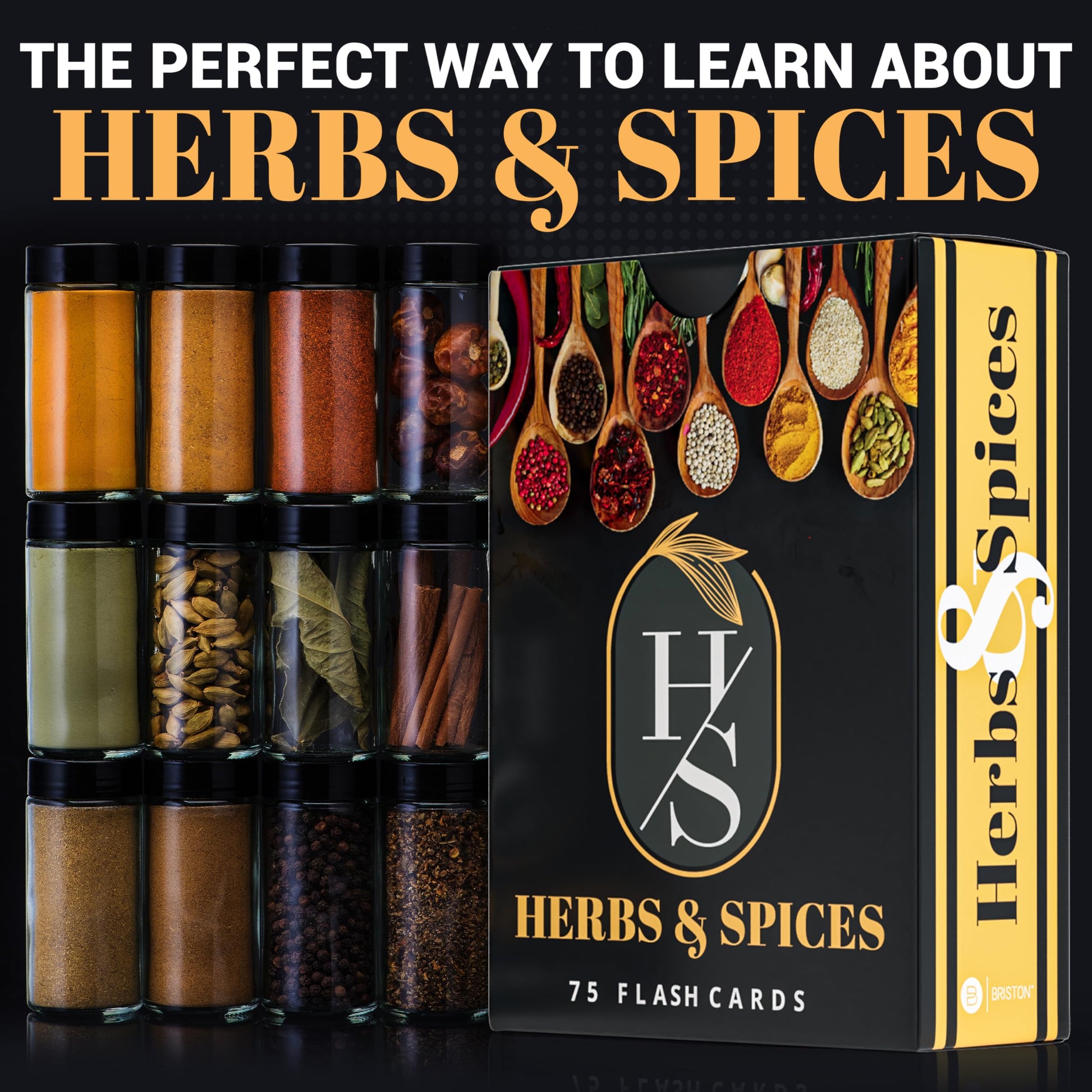 Herbs & Spices Flash Cards featuring 75 cards with global herbs and spices, including origins, uses, and pairings, designed to enhance culinary skills and inspire creativity in the kitchen.