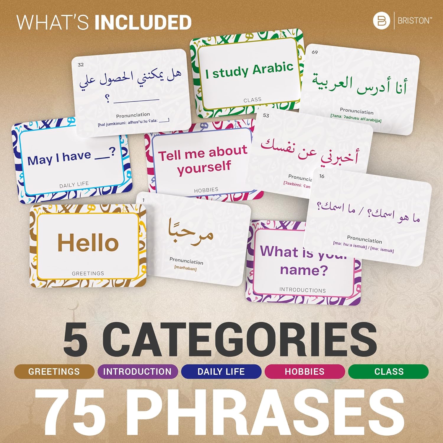 Arabic Conversational Phrase Flash Cards with essential phrases for everyday communication, designed for learners of all levels to enhance speaking and comprehension skills.